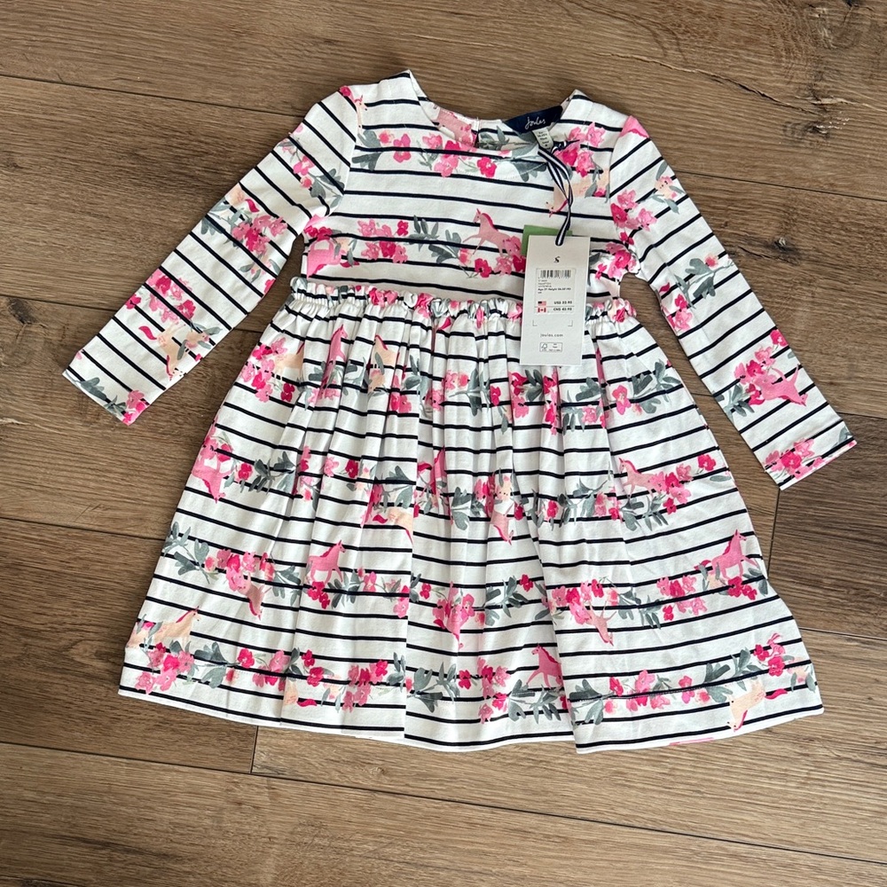 Joules Pink Unicorn and Floral on White and Navy Stripe Dress - Size 2Y